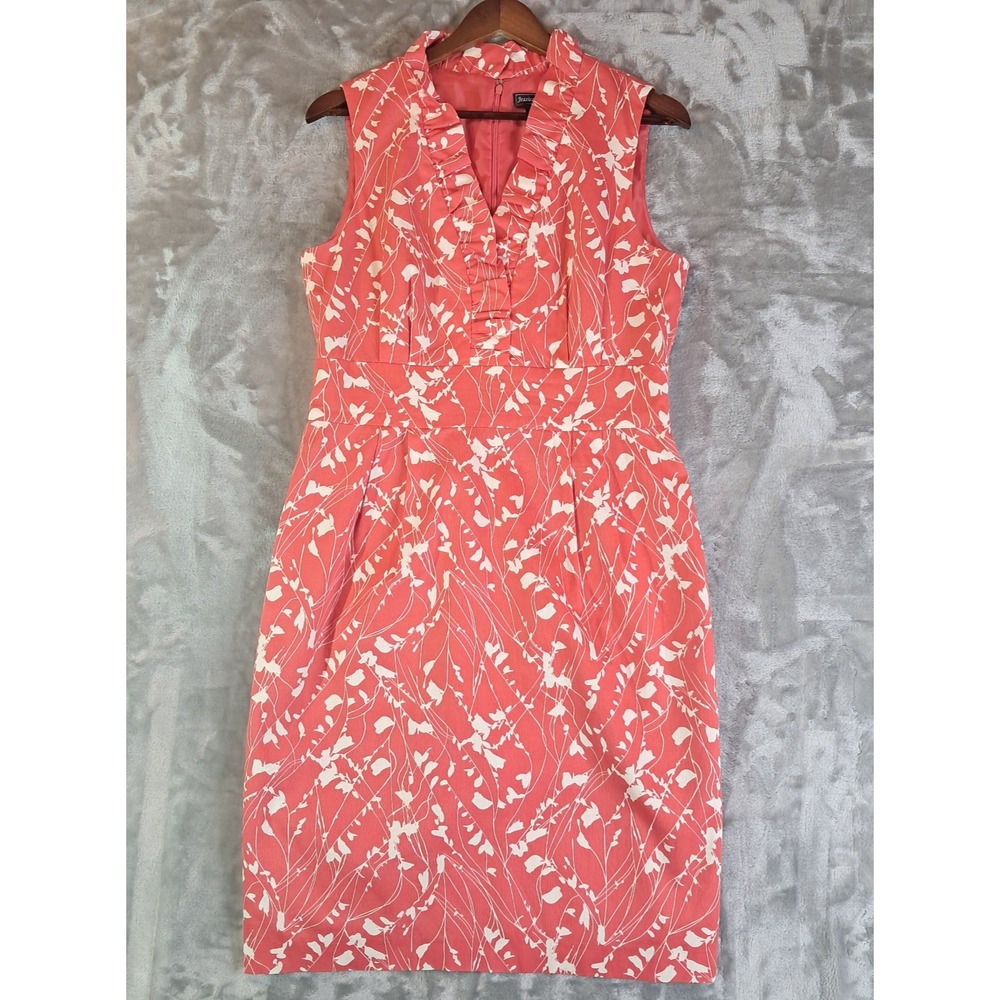 Jessica Howard Dress Size 12 Coral White Floral Sleeveless Ruffle V-Neck Sheath
